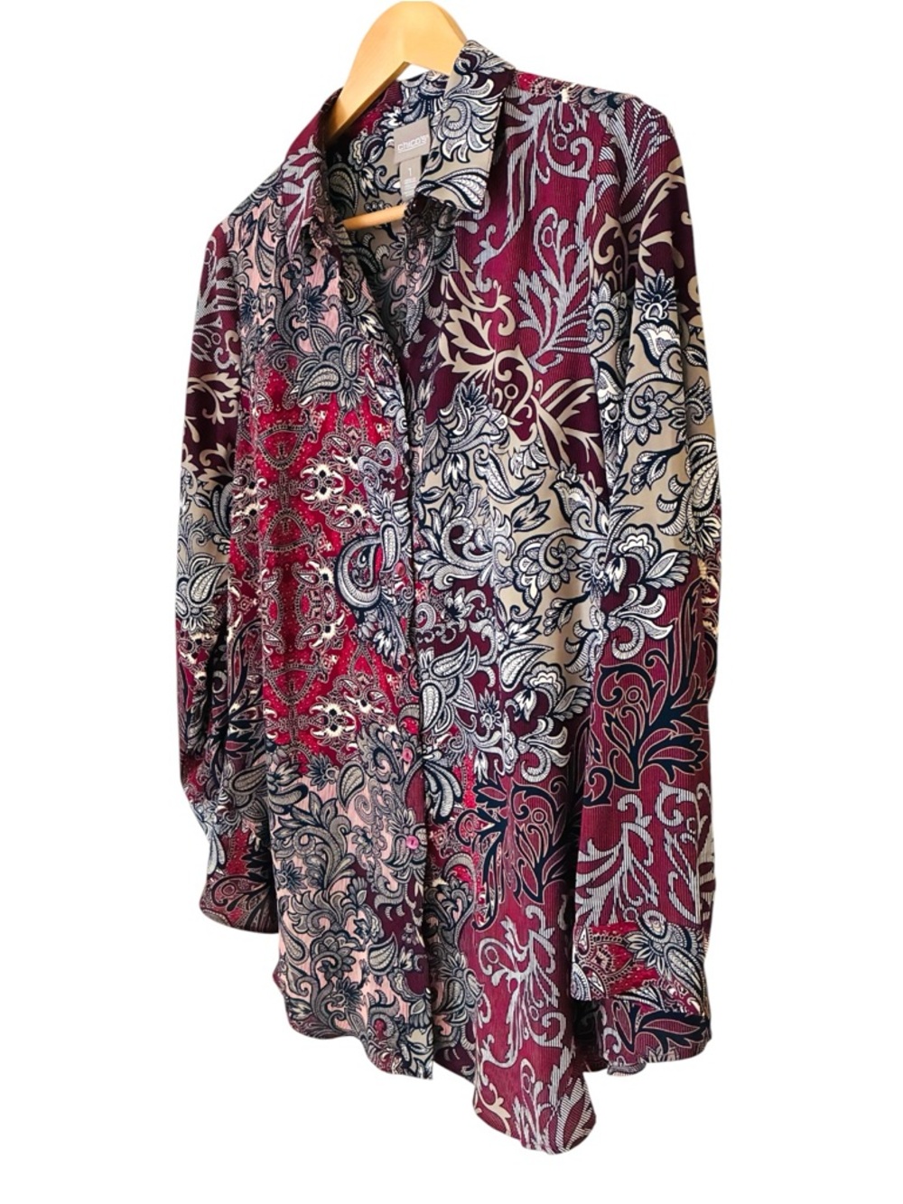 Chico's 1 Size MEDIUM Burgundy Beige Black Paisley Floral Tunic Blouse Top - Picture 4 of 9